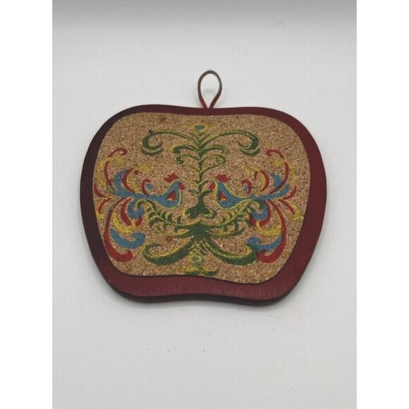 Vtg Red Apple Cork PA Dutch Folk Art Hand Painted Trivet Hot Pad Cottagecore - Picture 1 of 6
